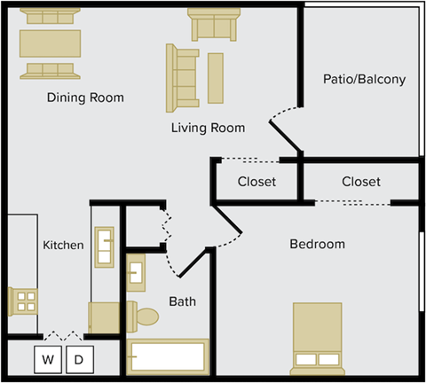 1 bedroom floor plan with washer and dryer connections