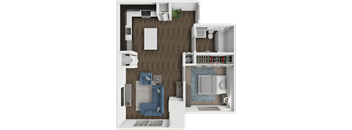 A 3D floor plan of a house showing a kitchen, living room, and bathroom.