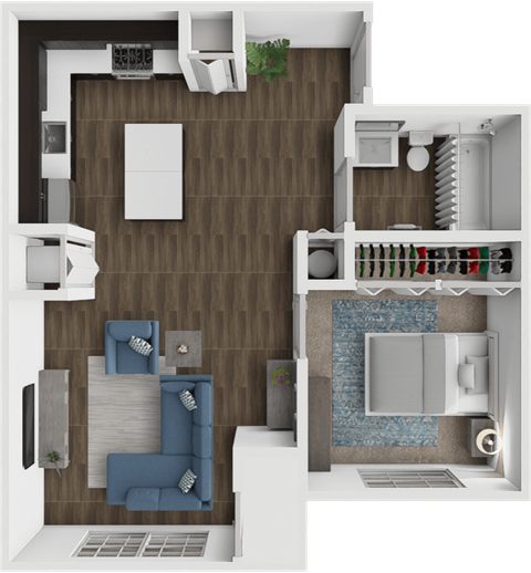 A 3D floor plan of a house showing a kitchen, living room, and bathroom.