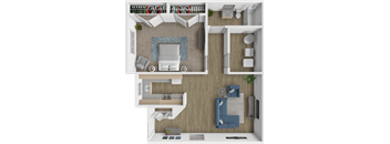 A 3D floor plan of a house showing a living room, kitchen, and two bedrooms.