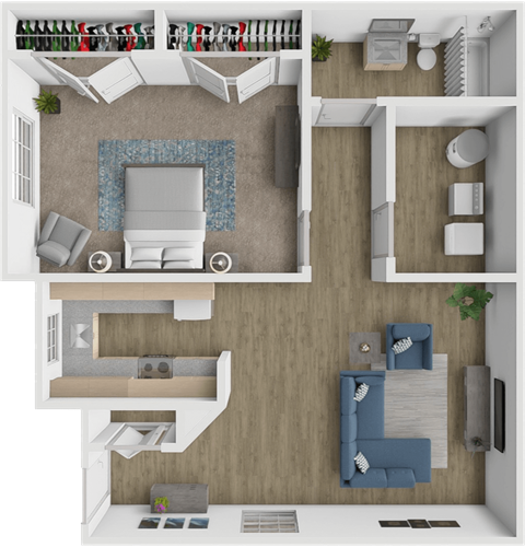 A 3D floor plan of a house showing a living room, kitchen, and two bedrooms.