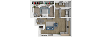 A 3D floor plan of a modern apartment with a living room, kitchen, and bedroom.