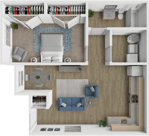 A 3D floor plan of a modern apartment with a living room, kitchen, and bedroom.