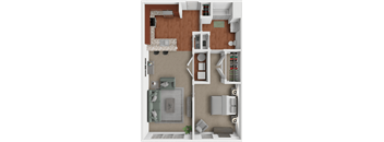 A 3D floor plan of a 1 bedroom apartment with a kitchen, living room, and bedrooms.