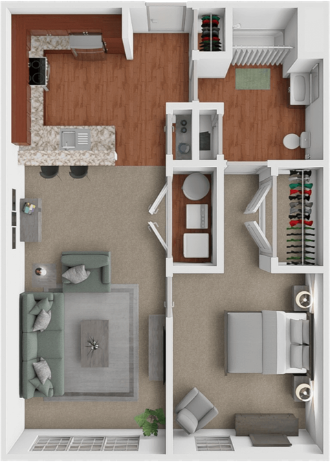 A 3D floor plan of a 1 bedroom apartment with a kitchen, living room, and bedrooms.