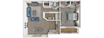 A 3D floor plan of a small apartment with a kitchen, living room, and bedroom.