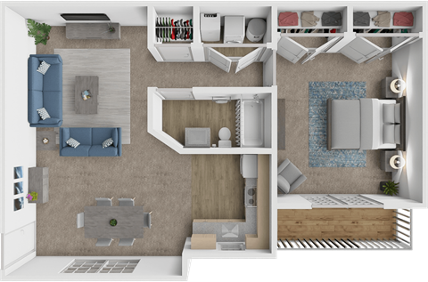 A 3D floor plan of a small apartment with a kitchen, living room, and bedroom.