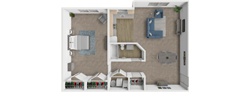 A 3D rendered image of a modern kitchen and living room.