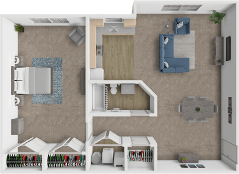 A 3D rendered image of a modern kitchen and living room.