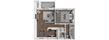 A 3D rendered image of a modern apartment layout.
