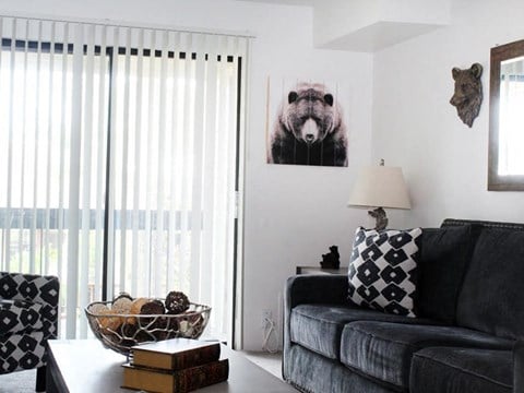 a living room with a couch and a bear picture on the wall