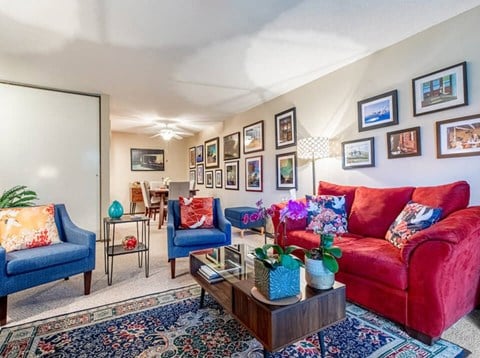 a living room with a red couch and blue chairs