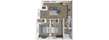 A 3D floor plan of a small apartment with a living room, kitchen, and bedroom.