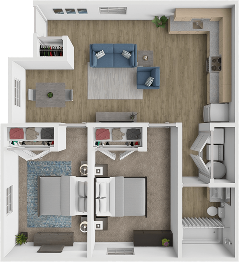 A 3D floor plan of a small apartment with a living room, kitchen, and bedroom.