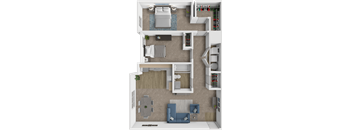 A top-down view of a small apartment with a bedroom, living room, and kitchen.