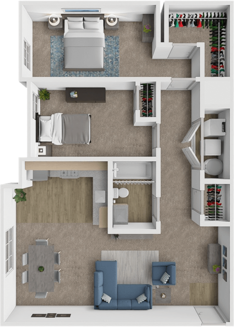 A top-down view of a small apartment with a bedroom, living room, and kitchen.