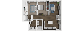 A top-down view of a modern apartment layout with a kitchen, living room, and bedrooms.