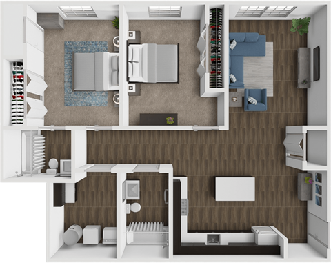 A top-down view of a modern apartment layout with a kitchen, living room, and bedrooms.