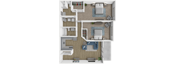 A 3D floor plan of a house with a living room, kitchen, and two bedrooms.