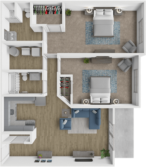 A 3D floor plan of a house with a living room, kitchen, and two bedrooms.