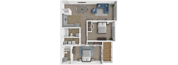 A 3D floor plan of a small apartment with a kitchen, living room, and bedroom.
