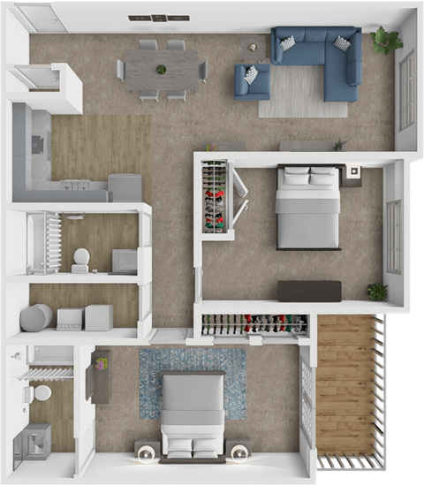 A 3D floor plan of a small apartment with a kitchen, living room, and bedroom.
