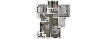 A 3D floor plan of a house with multiple rooms and furniture.