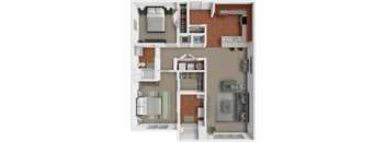 A 3D floor plan of a 2 bedroom apartment showing a kitchen, living room, and bedrooms.