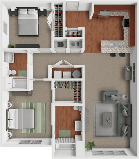 A 3D floor plan of a 2 bedroom apartment showing a kitchen, living room, and bedrooms.
