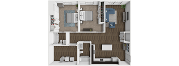 A 3D floor plan of a small apartment with a kitchen, living room, and bathroom.