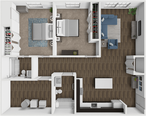 A 3D floor plan of a small apartment with a kitchen, living room, and bathroom.