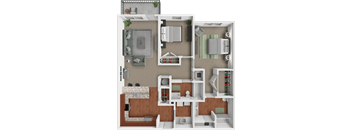 A detailed 3D floor plan of a 2 bedroom apartment layout.