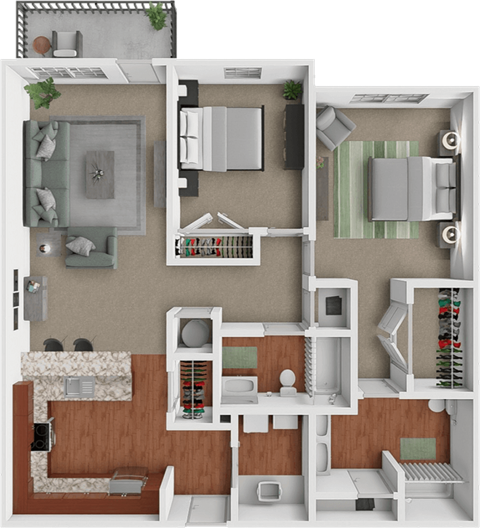 A detailed 3D floor plan of a 2 bedroom apartment layout.