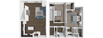 A 3D floor plan of a house showing a living room, kitchen, and bathroom.
