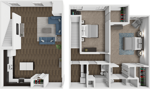 A 3D floor plan of a house showing a living room, kitchen, and bathroom.