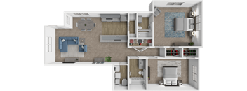 A 3D floor plan of a house showing a kitchen, living room, and bedrooms.