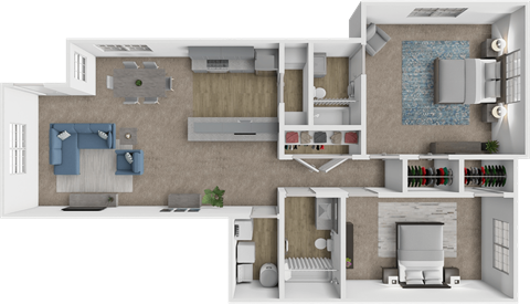 A 3D floor plan of a house showing a kitchen, living room, and bedrooms.