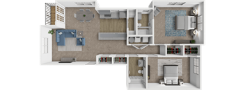 A 3D floor plan of a house showing a living room, kitchen, and bedrooms.