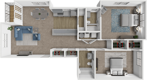 A 3D floor plan of a house showing a living room, kitchen, and bedrooms.