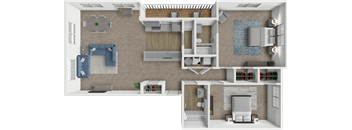 A 3D floor plan of a house showing a kitchen, living room, dining room, and bedrooms.