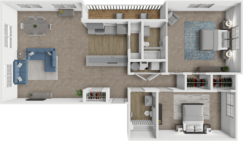 A 3D floor plan of a house showing a kitchen, living room, dining room, and bedrooms.