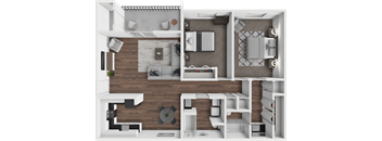 A 3D floor plan of a modern apartment with a kitchen, living room, and bathroom.