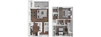 A split image of a modern apartment with a living room and kitchen on the left and a bedroom and bathroom on the right.