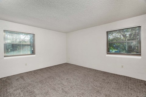 an empty bedroom with two windows and carpeting
