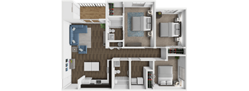A 3D floor plan of a house with labeled rooms.