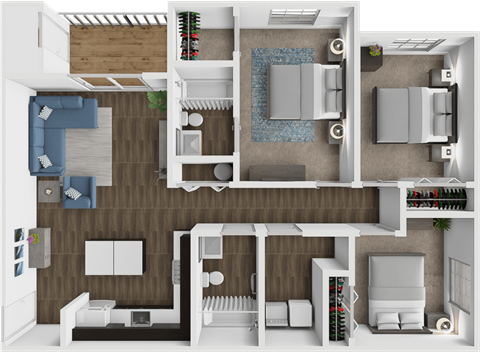 A 3D floor plan of a house with labeled rooms.