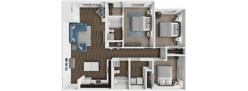 A 3D rendered image of a house layout.