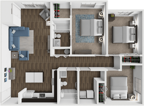 A 3D rendered image of a house layout.