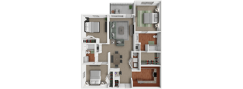 A detailed 3D floor plan of a 3 bedroom apartment layout.