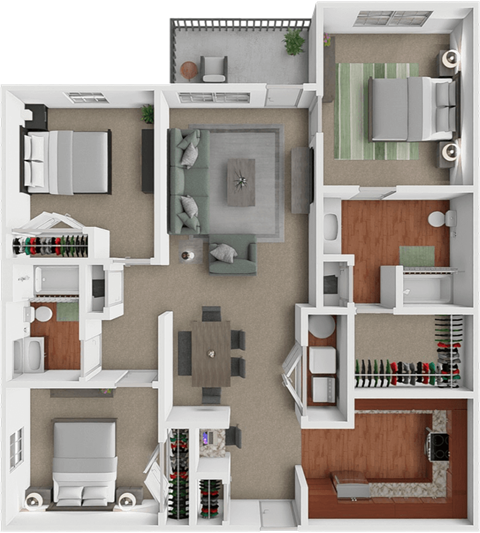 A detailed 3D floor plan of a 3 bedroom apartment layout.